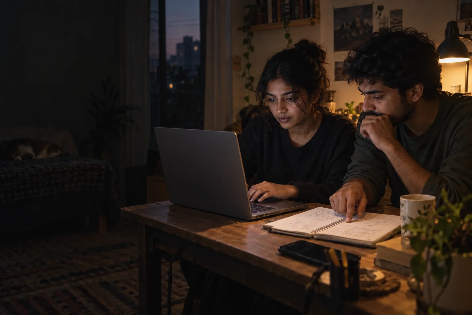Two developers collaborating on a laptop and sketching ideas in a modest home workspace