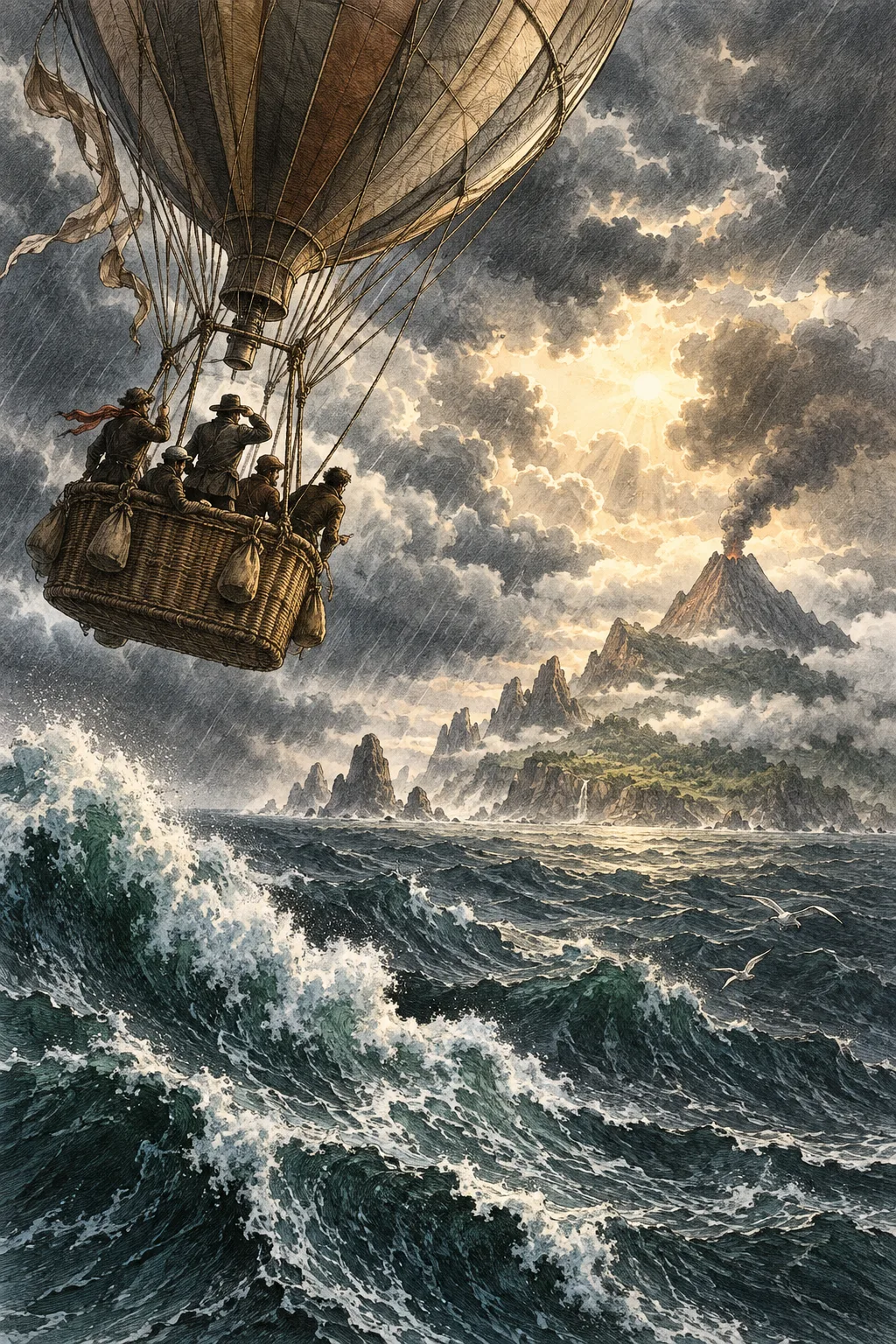 A storm-tossed balloon carries castaways toward a distant island.